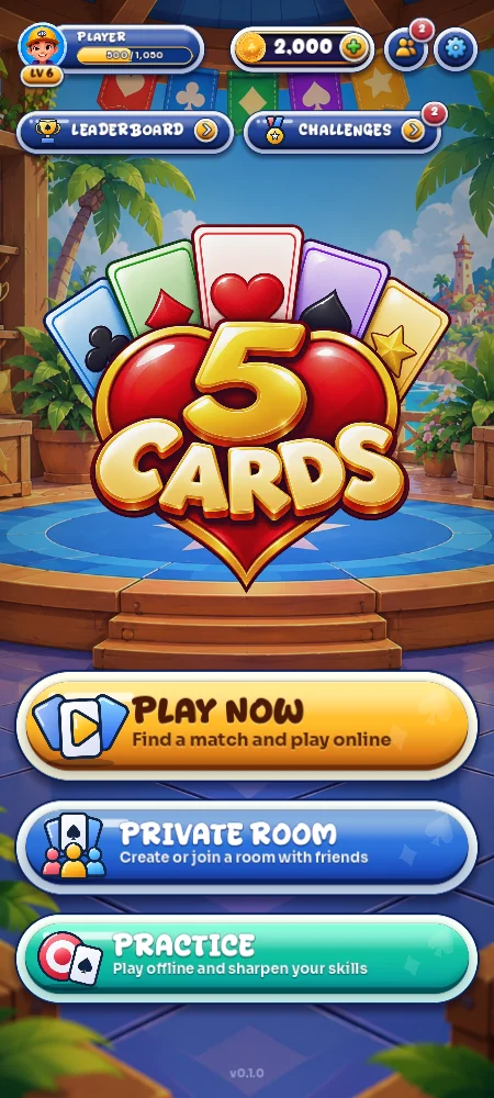 5 Cards main menu with Play Now, Private Room and Practice